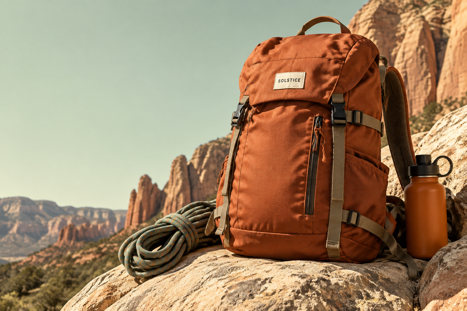 Illustrative orange Solstice daypack on sunlit sandstone
